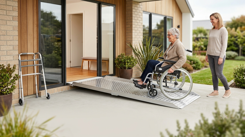 Portable wheelchair ramp at a New Zealand home entrance
