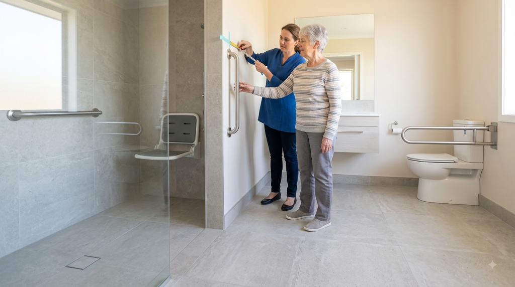 Grab bar placement for seniors in a New Zealand bathroom