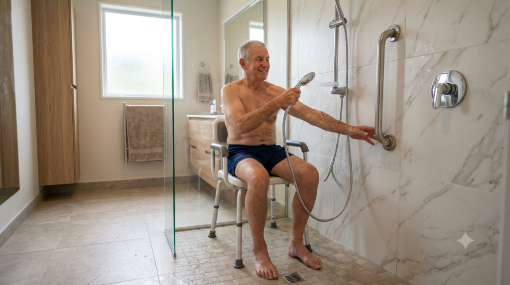 Handheld shower heads for seniors in a New Zealand bathroom